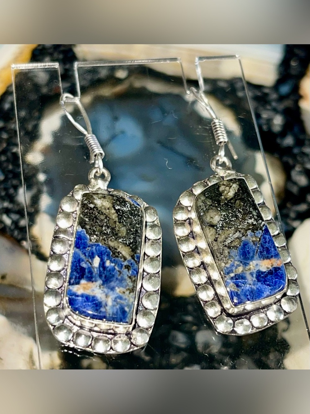 Navy Sodalite with Pyrite Earrings 2” - Picture 10 of 15